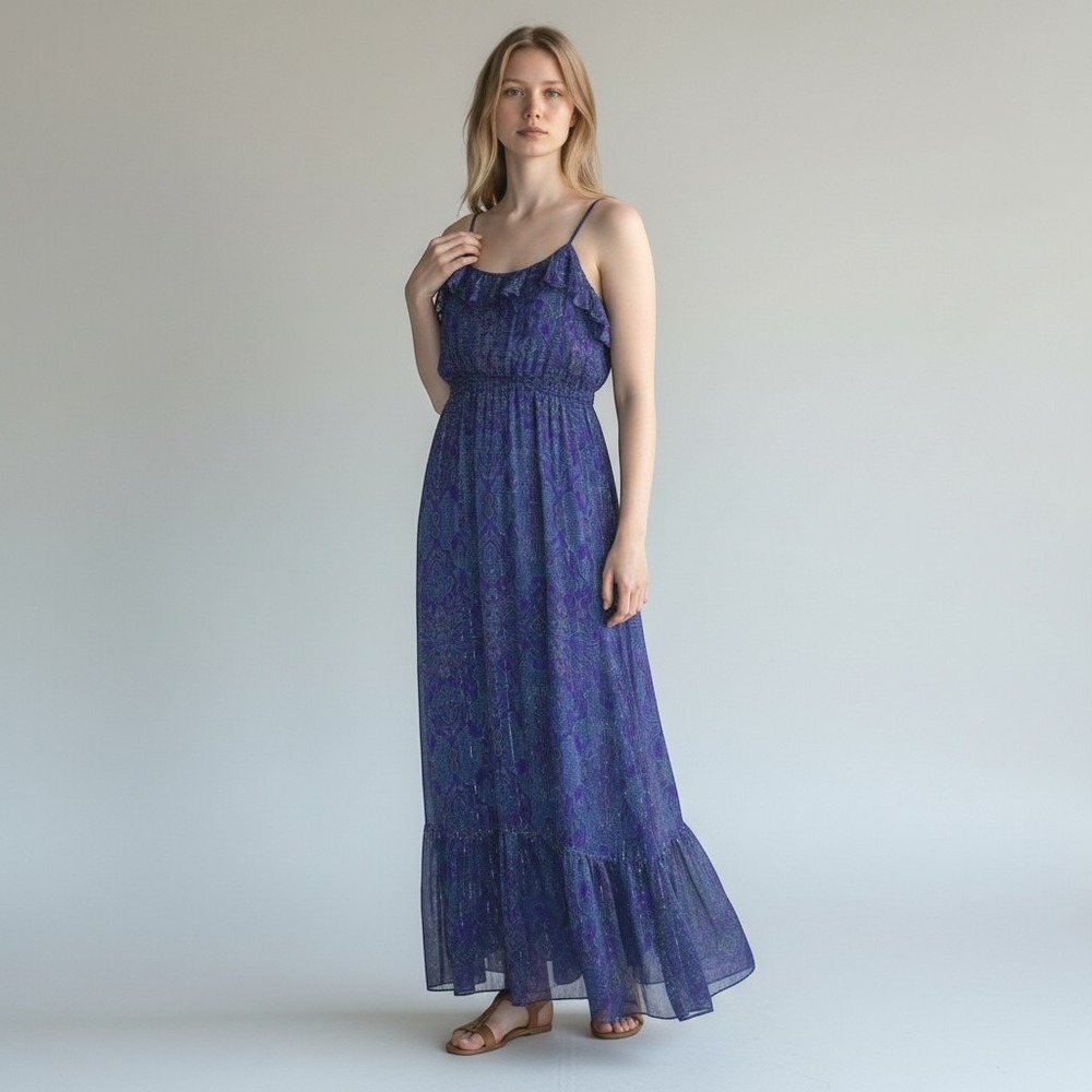 Express Purple Paisley Metallic Stripe Ruffle Maxi Dress Medium